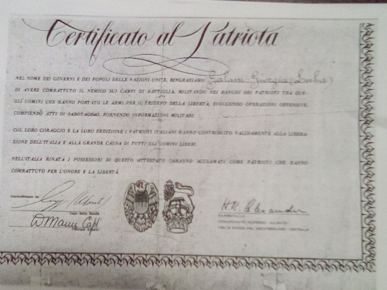 Certificato Al Patriota